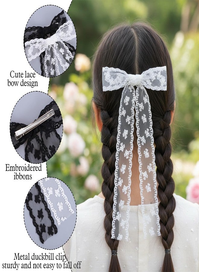 WJIAAA 6pcs Lace Hair Bow Clip, Lace Tassel Bows Metal Clips with Long Tail Ribbons, Coquette Bow Barrettes Black Red White Long Tail Ribbon Hair Bows for Women Christmas Valentines Wedding Prom - Image 2